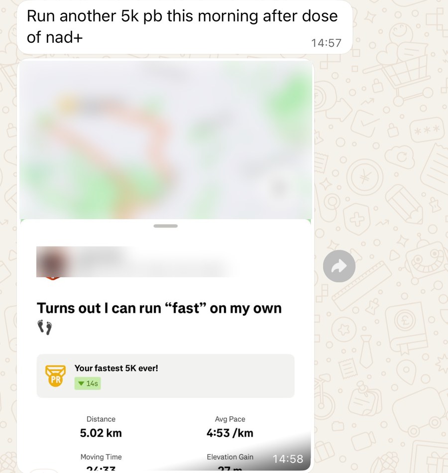Kass reporting another 5k personal best after a NAD+ dose, with her fastest ever 5K shown, location details blurred