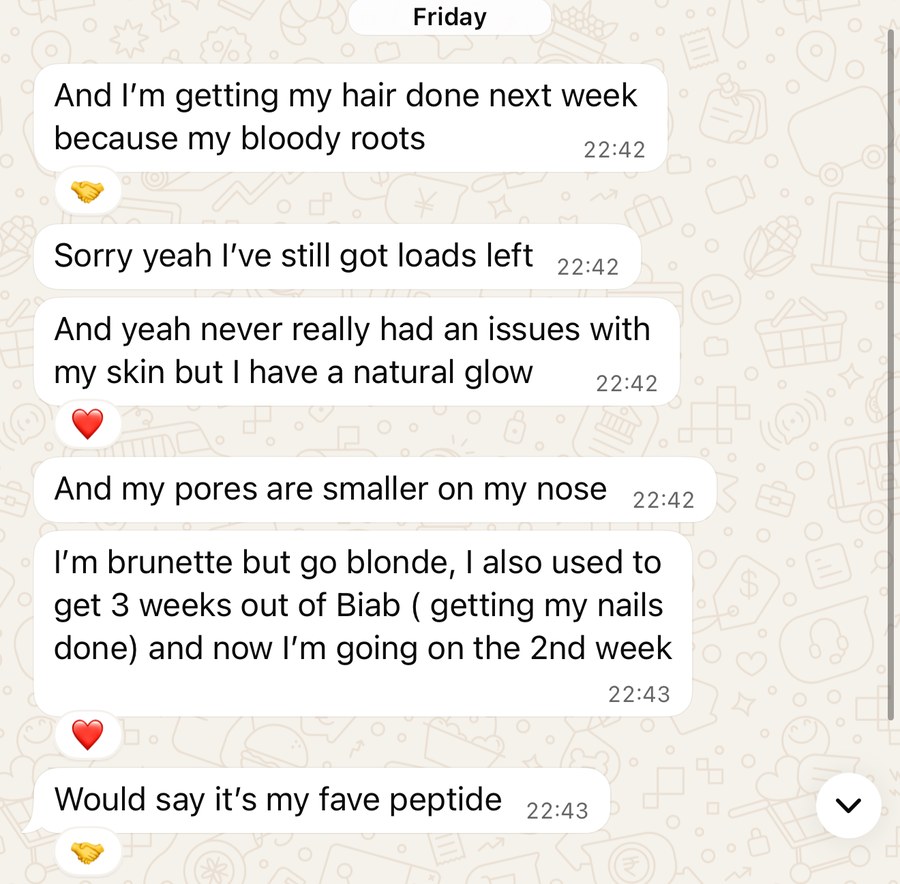 WhatsApp from Laura on GHK-Cu: pores smaller on her nose, natural glow, her favourite peptide