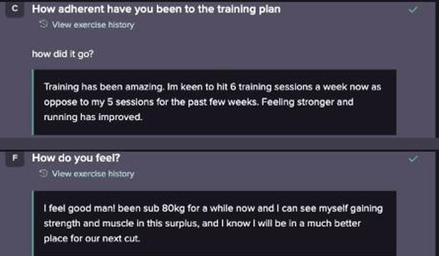 Sal's TrueCoach check-in answers: training has been amazing, feeling stronger, running improved; feel good, gaining strength and muscle in the surplus