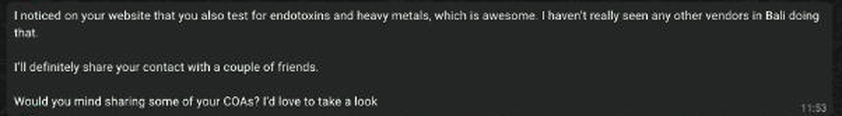 WhatsApp message from Vikas praising Prime's endotoxin and heavy-metal testing, saying he'll refer friends